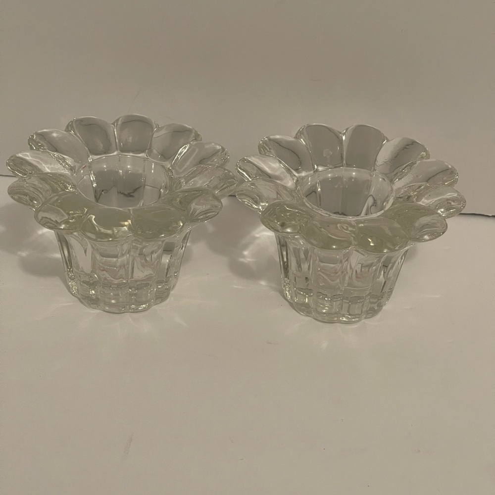 Vintage Clear Glass Candle Holders, KIG Indonesia, Floral Shape, Set Of 2